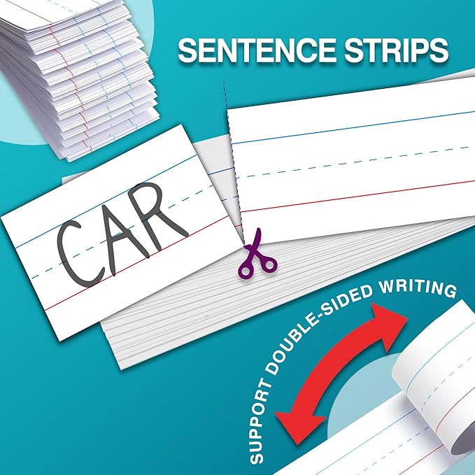 Chell Short Sentence Strips Cardstock 3” x 12”, White Ruled Word Learning Strips Nameplates for Teacher Supplies, Pack of 80