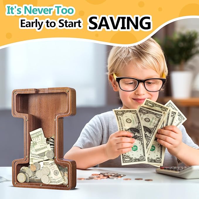 Summidate Customized Name Large Wooden Piggy Bank for Kids Boys Girls Alphabets Letter A-Z Coins Bills Money Change Bank Box Initial on Clear Cover (Laser Engraved) (Alphabet-I, Personalized-12)