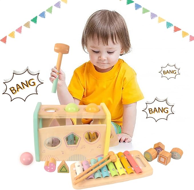 Hammering Pounding Toys Wooden Educational Toy Xylophone Shape Sorter, Birthday Gift for 3 Years Boys Girls Baby Toddler Kids Developmental Montessori Learning Toy (Yellow)