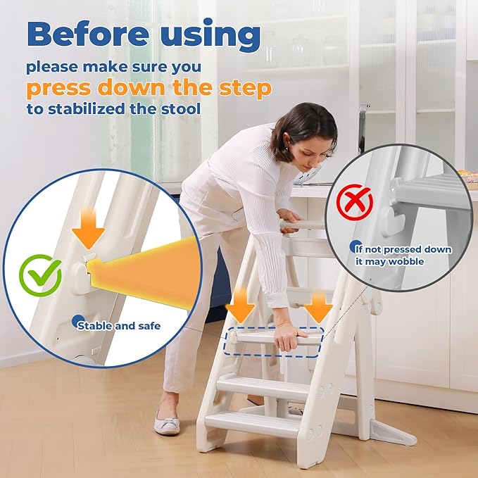 Onasti Toddler Tower Kitchen Stool Helper, Foldable & Adjustable Height Kids Learning Stool for Kitchen Counter Bathroom Sink, Child Ladder for Toddlers with Handles, Safty Rail, Non-Slip Pads-Grey