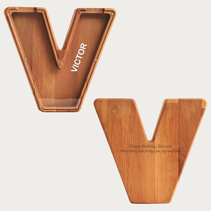Personalized Wooden Piggy Bank – Custom Letter V Coin Bank in Beech Wood with Clear Acrylic Front, Engraved Name Option, Money Saving Box for Kids and Adults