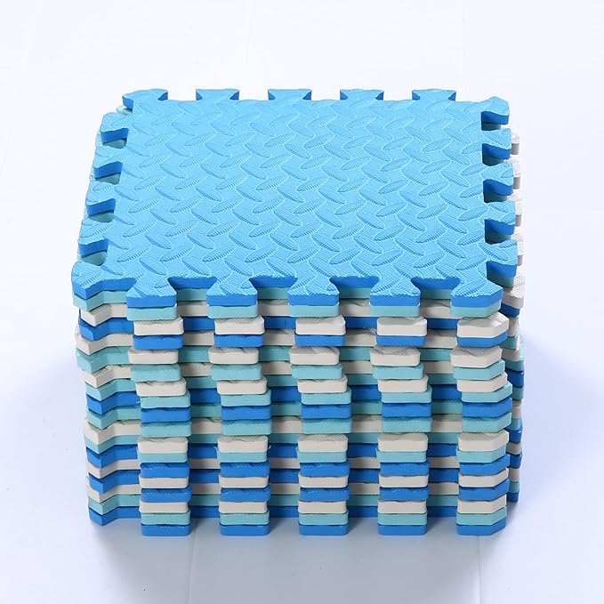 Foam Play Mat for Baby, 0.4 Inch Thick Foam Interlocking Floor Mats, Soft Non-Toxic Baby Playmat, Solid Colored Puzzle Play Mat Kids Floor Mats for Toddler, 16 Tiles(White/Light Blue/Blue)