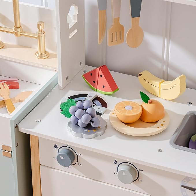 ROBOTIME Wooden Play Food 4-in-1 Cutting Set, Pretend Play Toy Food for Play Kitchen with Shopping Bag – Kids Kitchen Accessories, Wooden Play Food for Boys & Girls