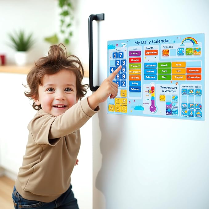Simply magic 58 PCS Kids Calendar - My First Daily Magnetic Calendar with Weather and Feelings, Days of The Week, All About Today Board – Preschool Learning Chart for Wall or Fridge, Circle Time