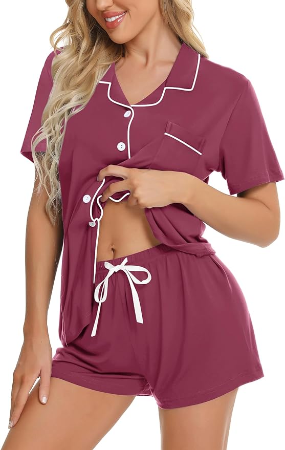 SWOMOG Womens Button Down Pajamas Set Short Sleeve Sleepwear Bride Soft Pj Lounge Sets XS-3XL
