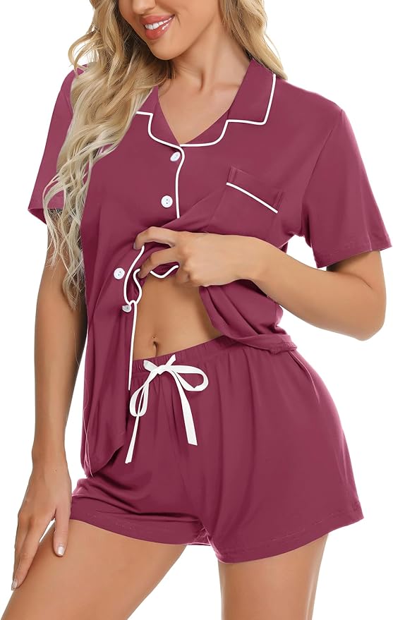 SWOMOG Womens Button Down Pajamas Set Short Sleeve Sleepwear Bride Soft Pj Lounge Sets XS-3XL