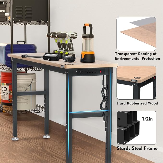 WORKPRO 72" Adjustable Workbench, 3000 LBS Load Capacity Hardwood Garage Workbench with Power Outlets, Rubberwood Top Heavy-Duty Workstation for Workshop, Garage
