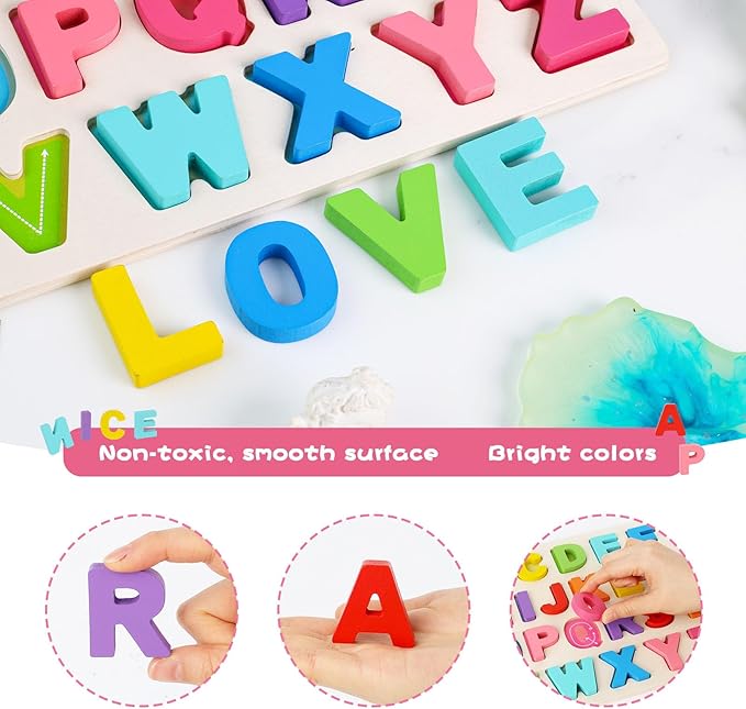 Amor Present Preschool Learning Toys,ABC Wooden Alphabet Puzzle Board for Toddlers, Educational Montessori Letters Game