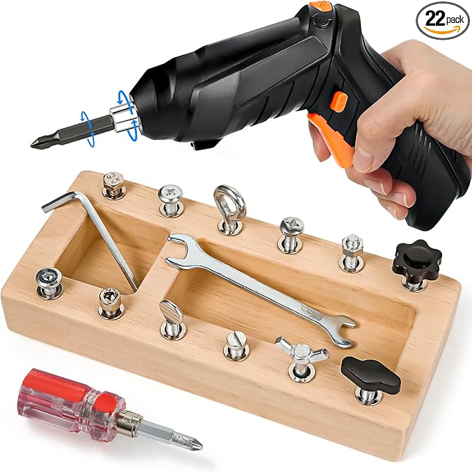 22 in 1 Montessori Toys Screwdriver Board Set with Electric Drill, Wooden Screw Driver Activities Tool for 3 4 5 Kids, Preschool Educational Sensory Learning STEM Fine Motor Skills Toys Gifts for Boys