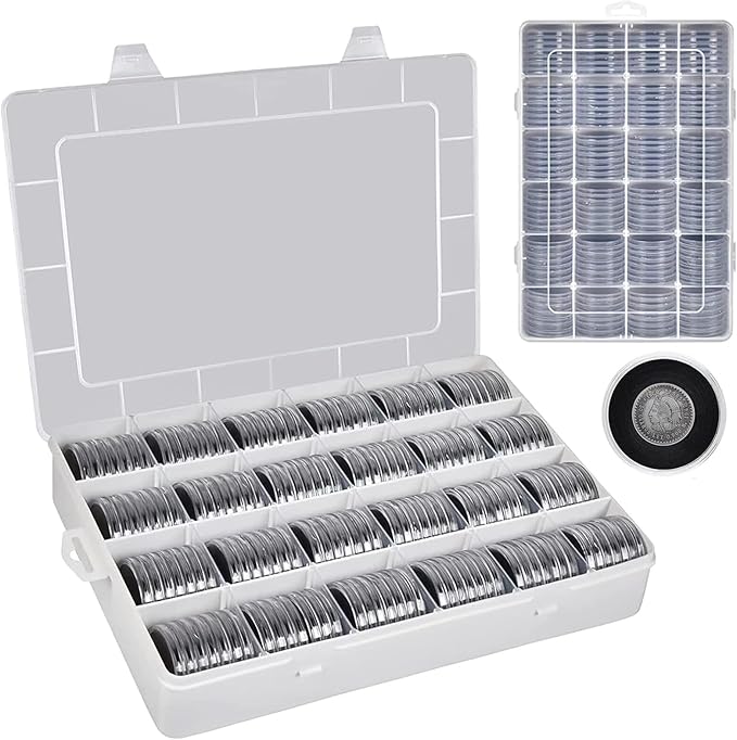 168 Pcs 46mm Coin Capsules Case with Foam Gasket and Plastic Storage Organizer, Coin Holder for Collectors, 8 Sizes (16 20 25 27 30 35 40 46mm). Coin box for Coin Collection Supplies Only-Black Gasket