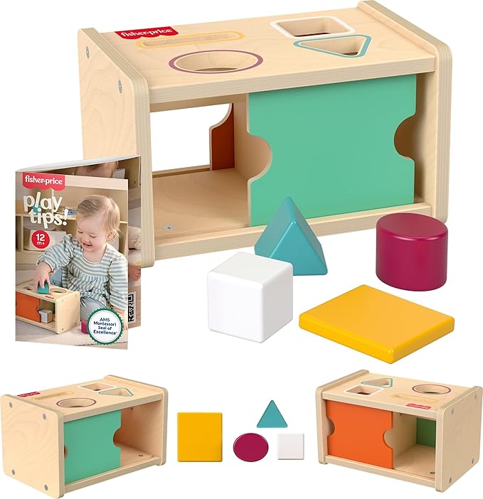 Fisher-Price Wood Montessori Toy Object Permanence Box Sort & Find, American Montessori Society Seal of Excellence, Wooden Shape-Sorter Learning Activity for Baby Ages 1+ Years (Amazon Exclusive)