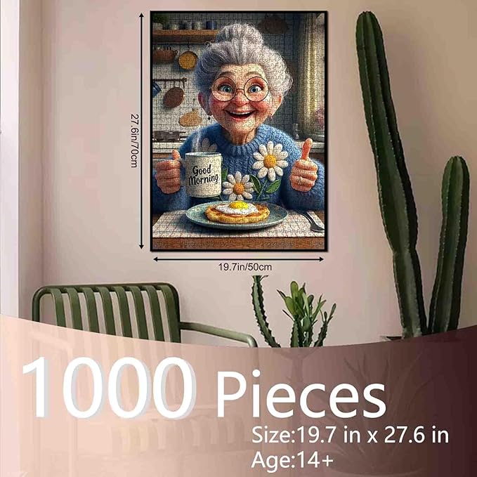 Happy Grandma Jigsaw Puzzles for Adults Granny's Breakfast 1000 Pieces Puzzles for Challenging Family Activity Games Sunshine Kitchen Art Jigsaw Puzzle DIY Craft Puzzles Home Decor 20x27 Inches