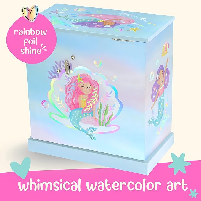 Mermaid Musical Jewelry Box for Girls - Kids Music Box with Drawers, Mermaid Mermaid Gifts for Girls, Mermaid Jewelry Boxes for Ages 3-10 - 9 x 5 x 9.3 in, Blue
