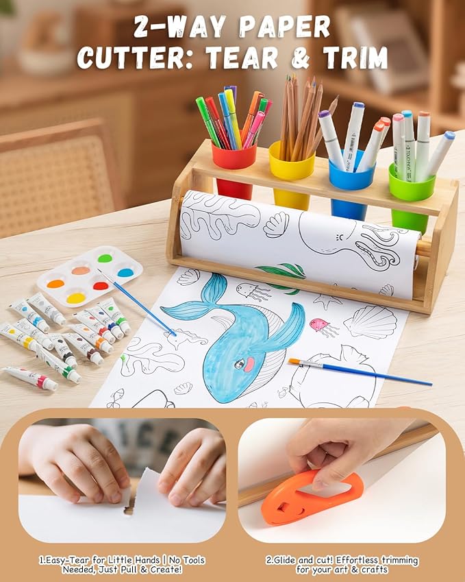 Paper Roll Dispenser for Kids Art Tabletop Easel with Blank & Patterned Paper Rolls, 12 Pigments, Drawing Tools, Pen Cups Craft Station for Kids Ages 3-8 in Home, Classroom