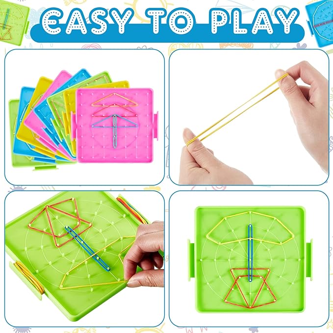 Deekin 24 Pcs Double Sided Geoboard Mathematical Kids Geoboards with Rubber Bands Math Manipulatives Toy for Geometry, 6.9 x 6.3 Inches Classroom Back to School