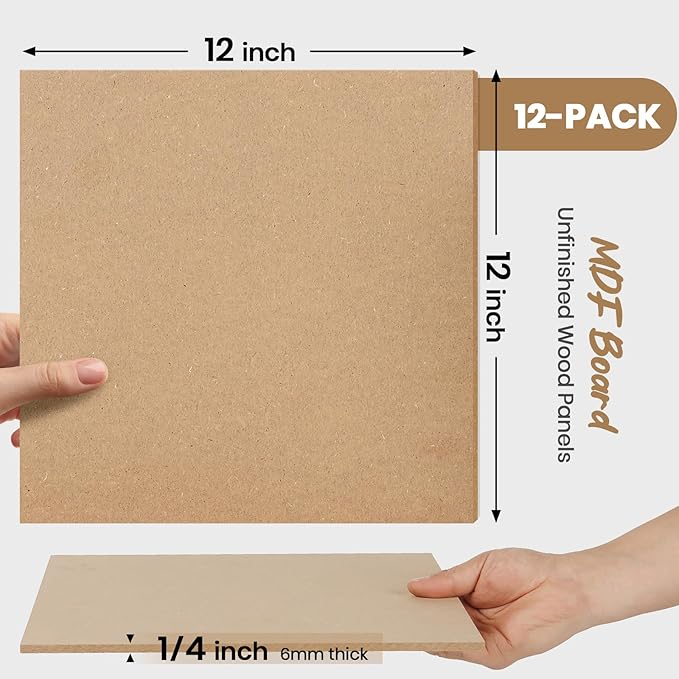 CALPALMY 12-Pack MDF Board 1/4 Inch Thick 12" x 12" Unfinished Wood Panels, 6mm Thick Medium Density Fiberboard Wood Boards for Crafts, Painting, Carpentry, Engraving, Interior Design, and More
