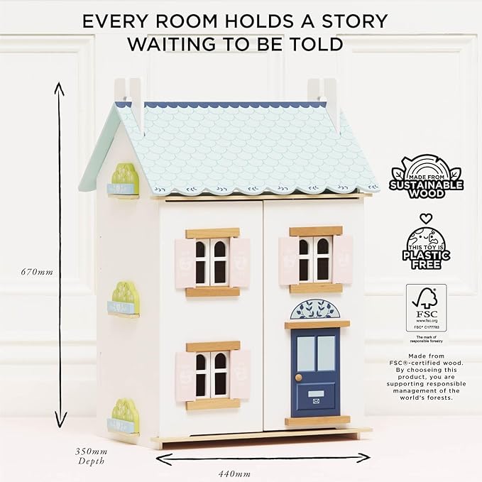 Le Toy Van – Blue Belle Wooden Doll House | Girls & Boys 3 Storey Wooden Dolls House Play Set - Suitable for Ages 3+