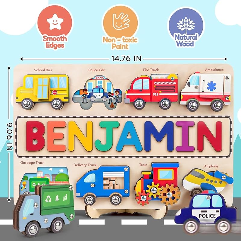 Personalized Wooden Name Puzzle for Toddlers 1-5 - Montessori Wooden Vehicle Sensory Toy, Custom Educational Gift for 2 Year Old, Cars & Trucks Toy for Toddlers, Ideal for Birthdays