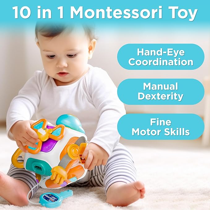 iPlay, iLearn 10 in 1 Baby Busy Board Cube, Montessori Sensory Toy Toddler 1-3, Infant Carseat Plane Travel, Kid Education Learning Activity, Birthday Gift 6 9 10 12 18 Month 1 2 Year Old Boy Girl