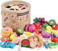 WHOHOLL Wooden Play Food for Kids Play Kitchen Accessories Playset with Basket, Pretend Cutting Food Montessori Toys for 3 4 5 6 Year Old, Velcro Vegetables Fruits Toys Gifts for Fine Motor Skills