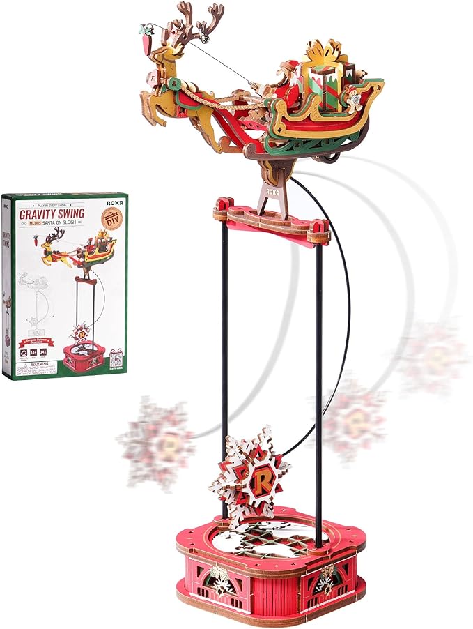 ROKR 3D Wooden Puzzle Santa on Sleigh Gravity Swing Series Wooden Model Kits DIY Dynamic Balance Christmas Decor,Mechanical Model Building Kit, for Teens and Adults
