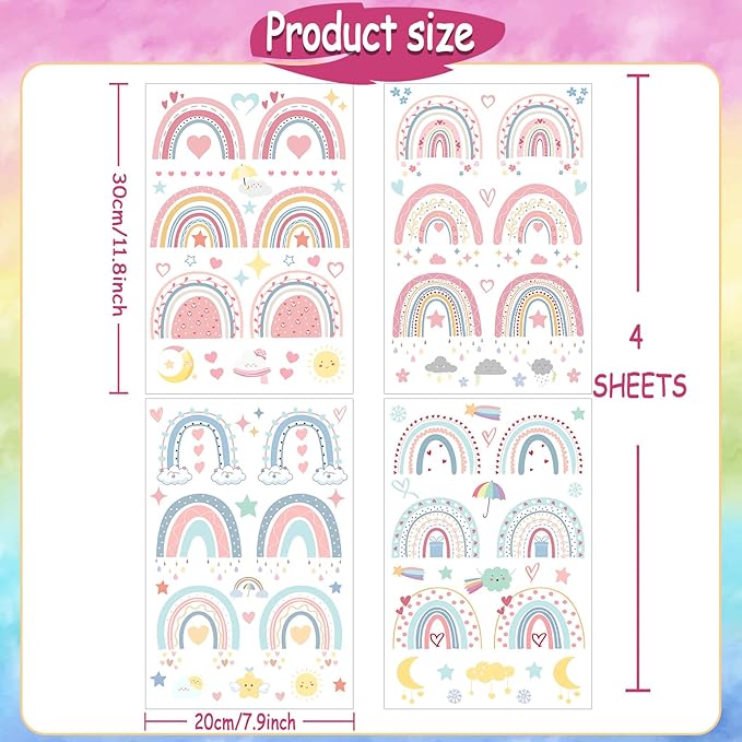 Glow in The Dark Boho Rainbow Wall Decals,Glowing Luminous Small Rainbow Wall Stickers Colorful Removable self-Adhesive Rainbow Sun Moon Star Heart Decals for Girls Bedroom Decoration