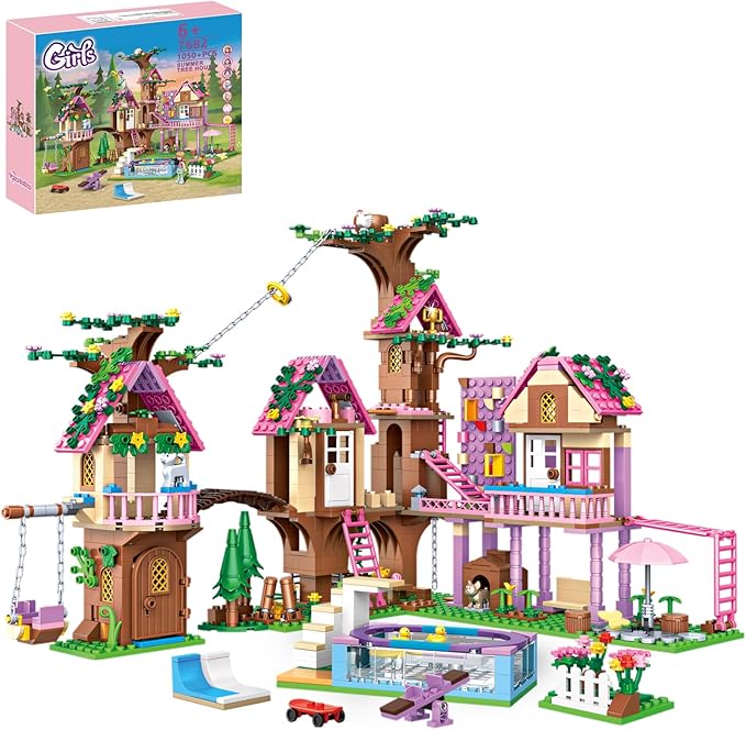 Fantasia Summer Tree House Building Blocks Multi Level Playset with Pool Rope Swing Bridge Creative Construction Toy for Kids Teens