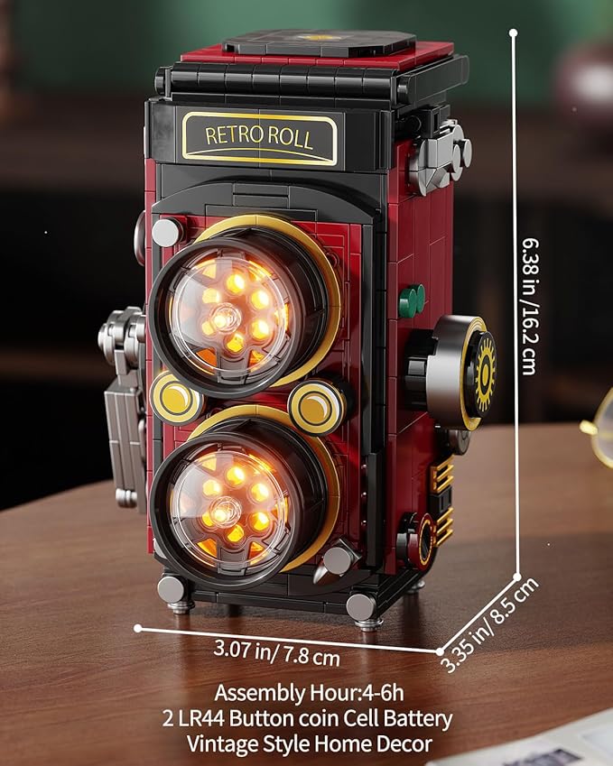 Retro Camera Building Blocks Sets with Lights, DIY Camera Building Toys with Twin-Lens Reflex Design, Unique Collectible Model for Home Decor, Birthday Gift for Adults Boys Age 8-12(719Pcs)