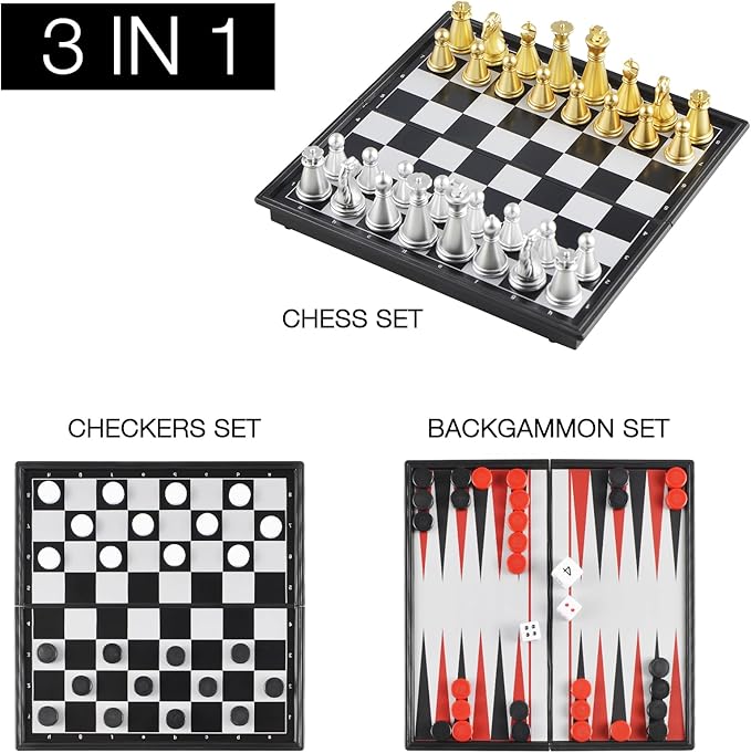5'' Mini 3 in 1 Chess Checkers Backgammon Set Magnetic Folding Travel Chess Board with Instructions 2 Players for Kids and Adults