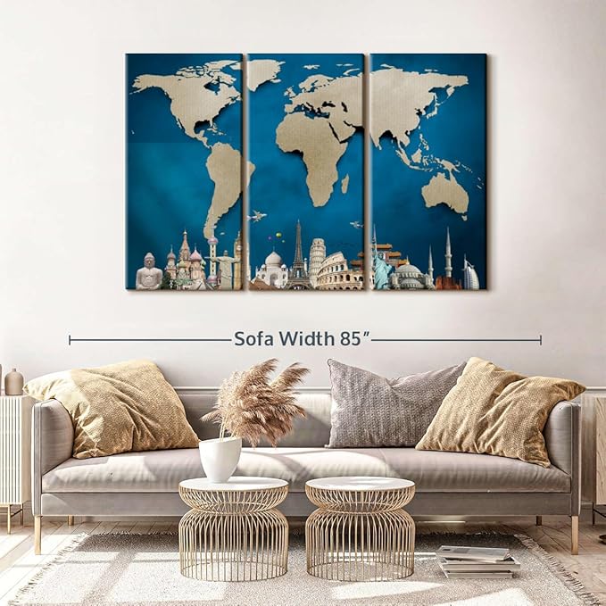 ElephantStock Ocean Blue World Map Multi Piece Canvas - 3 Panel Wall Decor - Map of the World Art - Canvas for the Office and Home - 65" X 42"