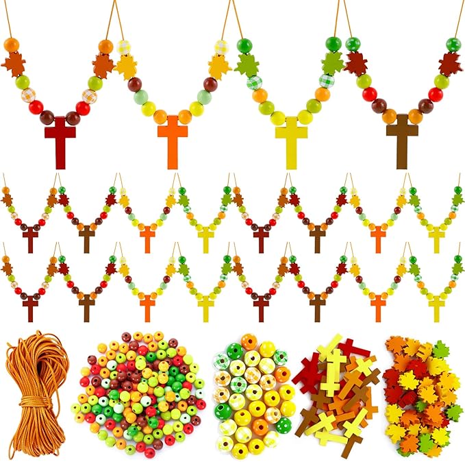 32 Pcs Fall Wood Cross Beads Necklace Crafts Kits- DIY Religious Fall Wooden Cross Beads Craft for Thanksgiving Christian Necklace Kit for Autumn Sunday School Classroom Crafts Supplies