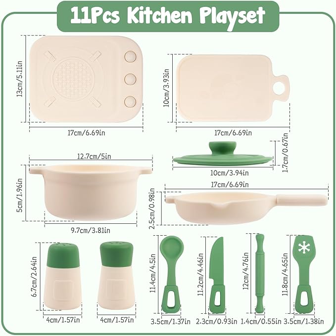TYRY.HU Play Kitchen Accessories, 11Pcs BPA Free Silicone Pretend Play Food Sets,Play Kitchen Set,Play Kitchen Cooking Utensils Pots & Pans,Pretend Role Play Cooking Toys Gifts for Toddlers 1-3,Green