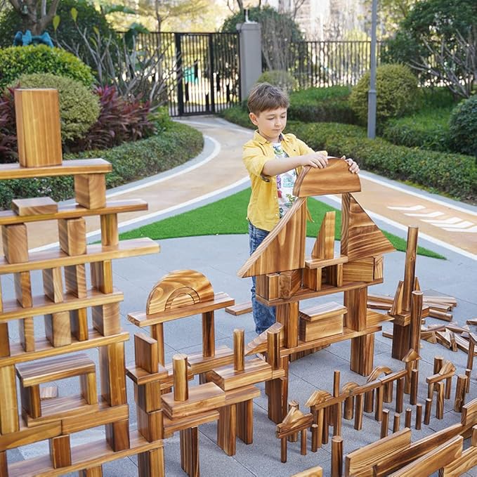 Large Vintage Solid Carbonized Wooden Building Blocks Set for Kids 3-12 Outdoor(57pcs,10.7 lbs), Big Sensory Wood Building Toys for Toddlers, Outside Wooden Blocks for Preschool