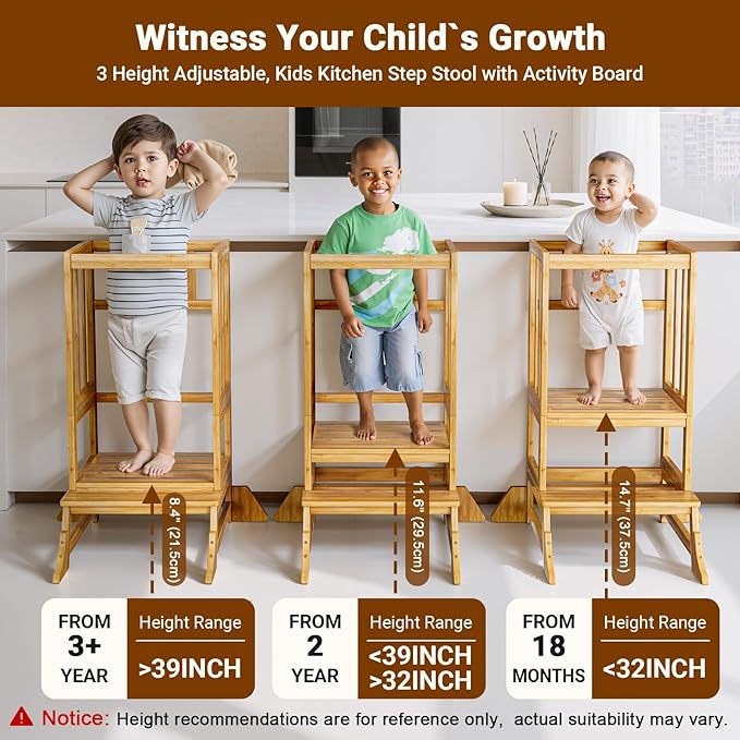 COSYLAND Toddler Step Stool Height Adjustable – Portable Kids Kitchen Stool Helper with Stabilizing Base Block – Toddler Standing Tower for Bathroom Kitchen Living Room Dining Room (Natural)