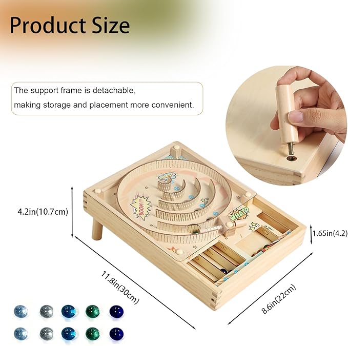 Wooden Marble Run, Marble Game, Wooden Pinball Rolling Toy, Mini Pinball Tabletop Machine with Stand, 10 Glass Marbles