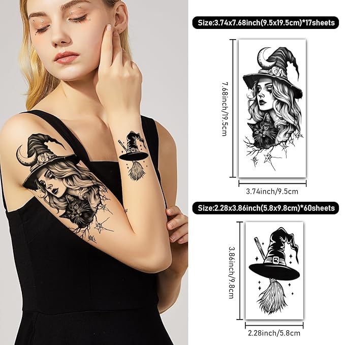 77 Sheets Halloween Temporary Tattoos Adults Women Men Witch Makeup, Death Skull Black Cats Witch Hats Half Arm Halloween Fake Tattoos, Bat Scary Tattoos for Halloween Costume