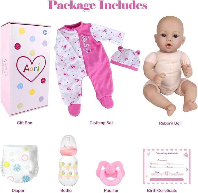 Aori Reborn Baby Dolls Girl - 18'' Realistic Newborn Baby Doll Girl with Pink Feeding Accessories - Lifelike Weighted Body for Role Play, Gift for Kids Ages 3+