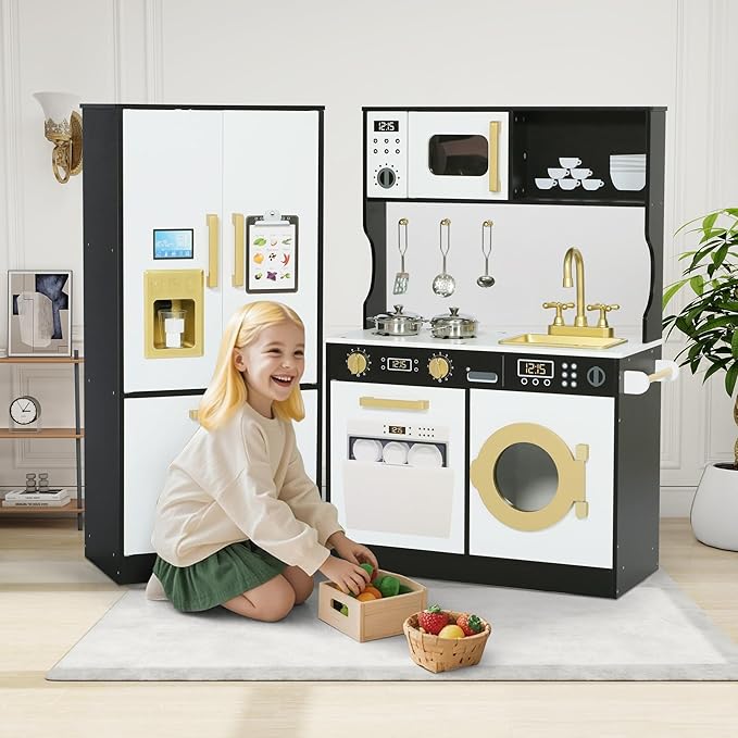 Play Kitchen Sets for Kids, Pretend Wooden Kids Kitchen Playset, Interactive Toy Kitchen with Freezer, Washing Machine, Ice Maker & Large Storage Space, for Boys Girls Ages 3+, Black