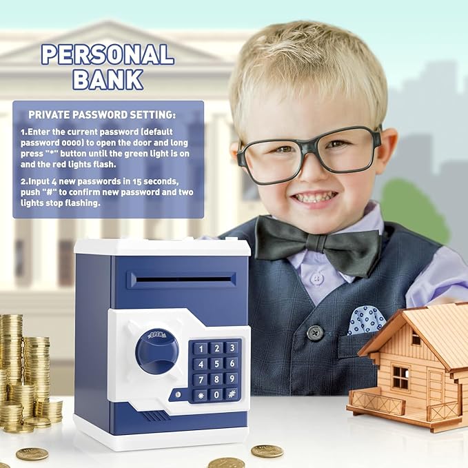 Piggy Bank for Girls Boys Large Electronic Money Coin Banks with Password Protection, Automatic Paper Money Scroll Saving Box, Great Gift for Kids(Blue-White)