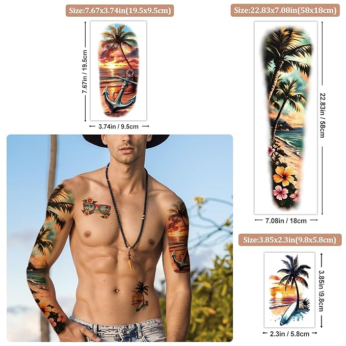 48 Sheets Full Arm Temporary Tattoos for Adults - Waterproof Tropical Summer Beach Party Fake Tattoo Stickers - Hawaiian Floral Palm Sunset Designs for Women Men