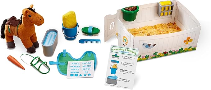 Melissa & Doug Feed & Groom Horse Care Play Set with Plush Stuffed Animal (23 pcs) Pretend Play Horse Plush Toys for Girls and Boys Toddlers Ages 1+