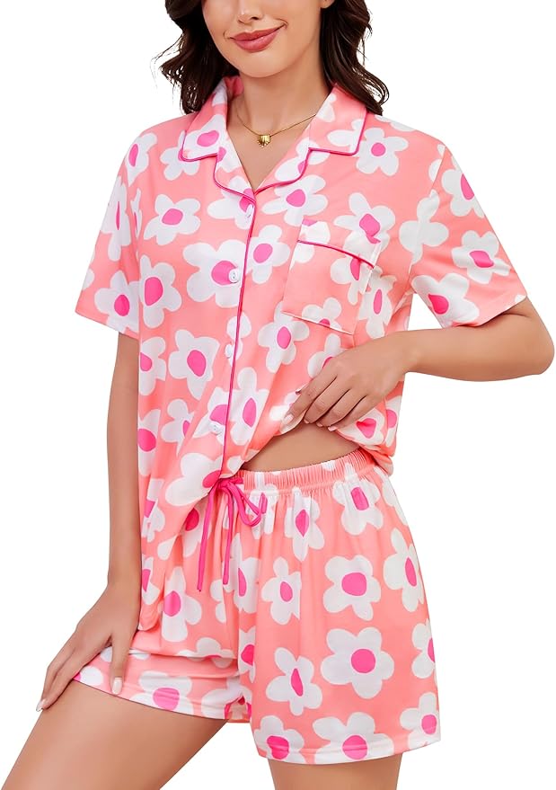 SWOMOG Womens Button Down Pajamas Set Short Sleeve Sleepwear Bride Soft Pj Lounge Sets XS-3XL