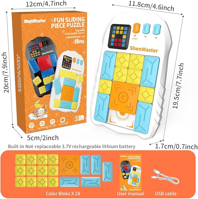 Rechargeable Super Slide Puzzle Game,Klotski Brain Toys for Kids Teens,500+ Challenges 7 Difficulty Levels for Boys&Girls,Portable Travel Games for All Ages,8-12 Gifts idea-White