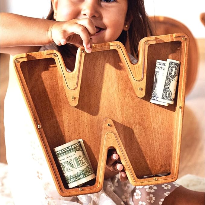 Personalized Wooden Piggy Bank – Custom Letter W Coin Bank in Beech Wood with Clear Acrylic Front, Engraved Name Option, Money Saving Box for Kids and Adults