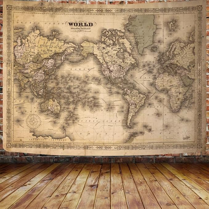 GOAOK Retro Vintage Map World Map Tapestry, 90"x70", Polyester, Wall Mount, Bedroom & Office