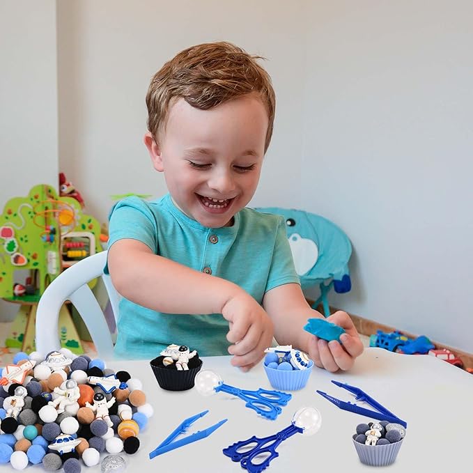 152 Pcs Space Sensory Bin Fillers Outer Space Fine Motor Skills Astronauts Sensory Bin Item Pompoms Cups Tweezers Scissor Clips for Preschool Education Activities Sorting Counting