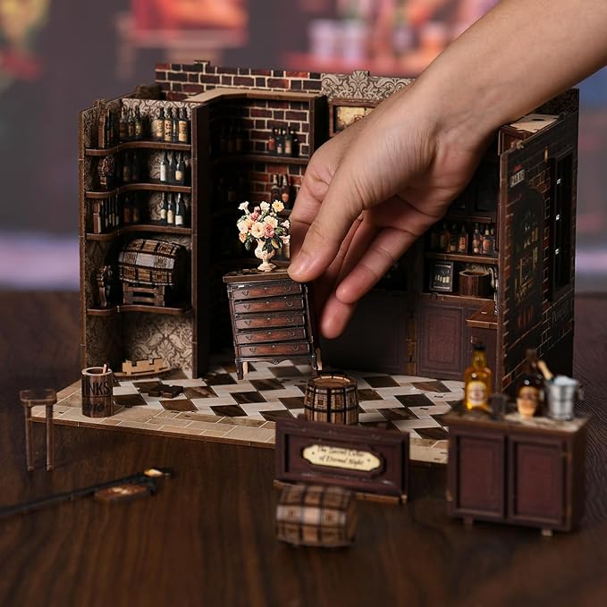 Book Nook Kit - DIY Miniature Dolls House Kit with Furniture and LED Light, 3D Puzzle Wooden Art Bookends, Model Kits for for Adults and Teens (Corner Tavern)