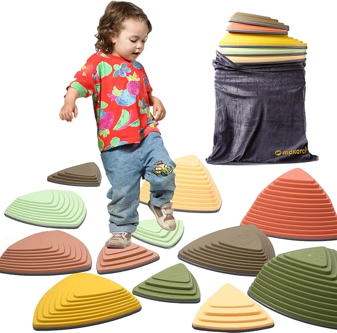 makarci Stepping Stones for Kids 12pcs Obstacle Courses Play Indoor Outdoor, Full Rubber Rim Plastic Hilltop for Kids Balance and Integration Improvement Age 3 4 5 6 7 8 + (Forest)