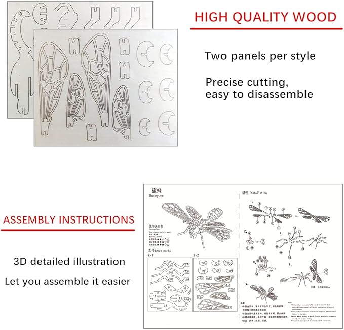 3D Wooden Insect Puzzle - 6 Piece Set Insect Animal Skeleton Assembly Model Puzzle - DIY Wooden Crafts 3D Puzzle - STEM Toys Gifts for Adults & Teens Birthday Gifts Christmas