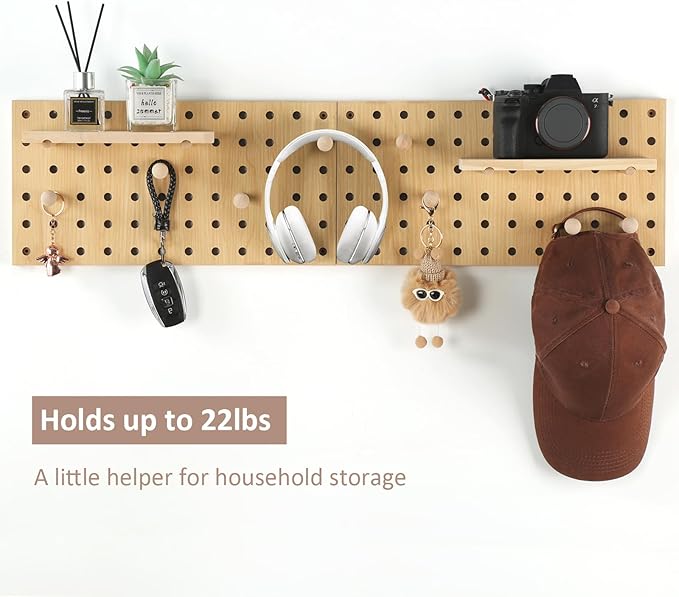 Beige Wood Pegboard Modular Display Wooden Pegboard Combination Wall Organizer Storage Wall Hooks Shelf for Home, Office, Bathroom, Comes with 2 Pieces Pegboards